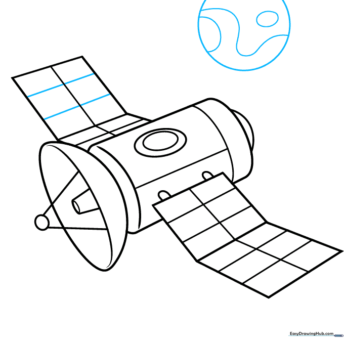 Drawing a stylized planet in the background to complete the space scene.