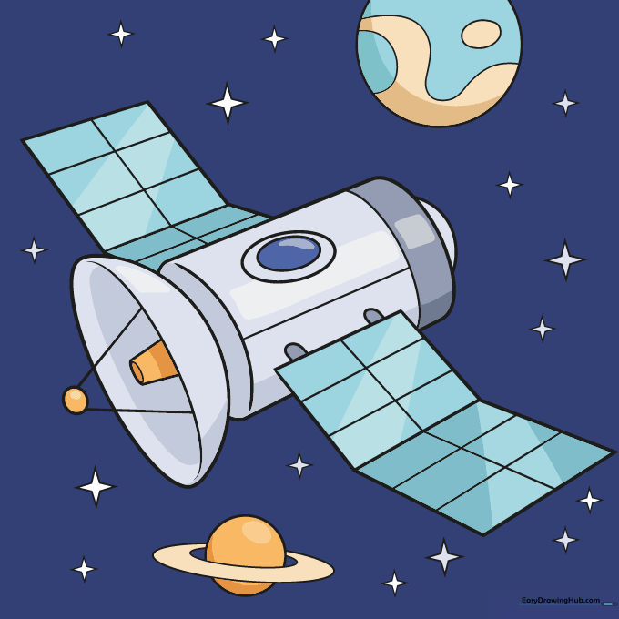 The finished, colored satellite drawing with a space background.