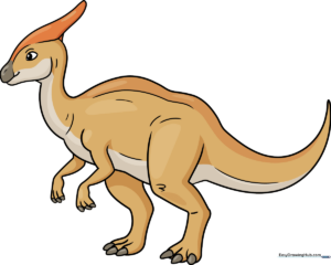 A complete, colorful drawing of a Saurolophus dinosaur standing in a profile view.
