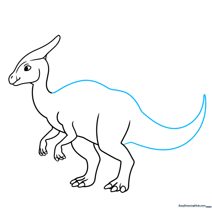 Drawing the long, tapering tail and the back of the Saurolophus.