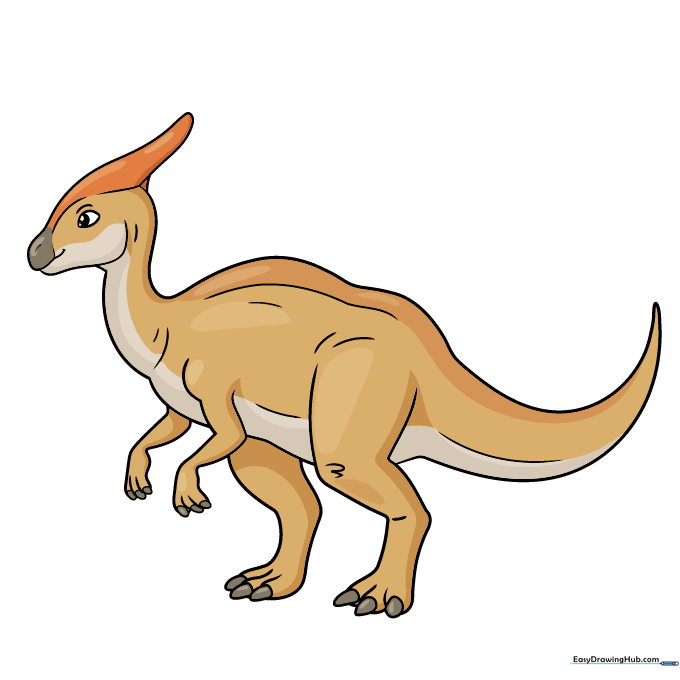 A fully colored, friendly-looking cartoon Saurolophus dinosaur.