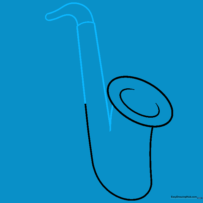 Drawing the main J-shaped body and neck of the saxophone.