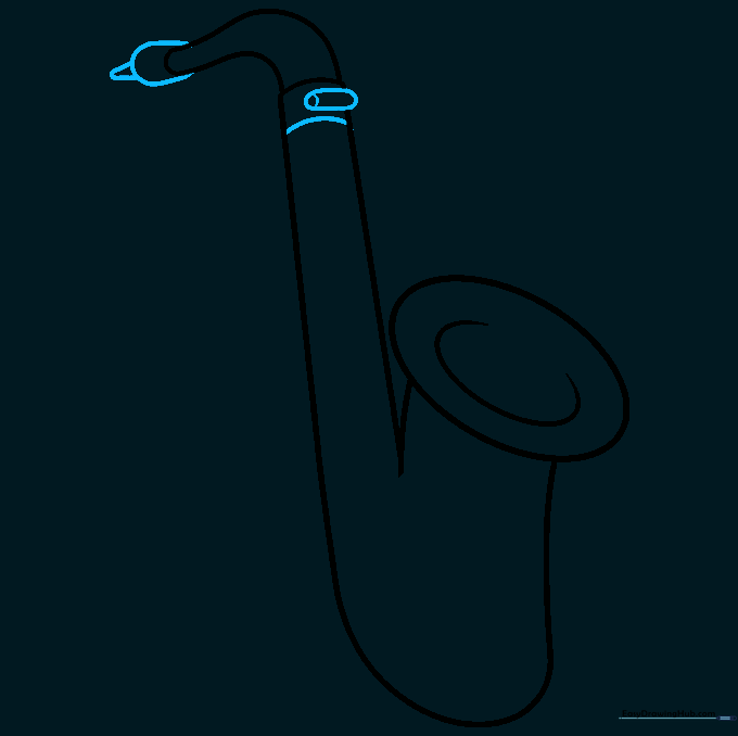 Detailing the mouthpiece and neck screw of the saxophone.