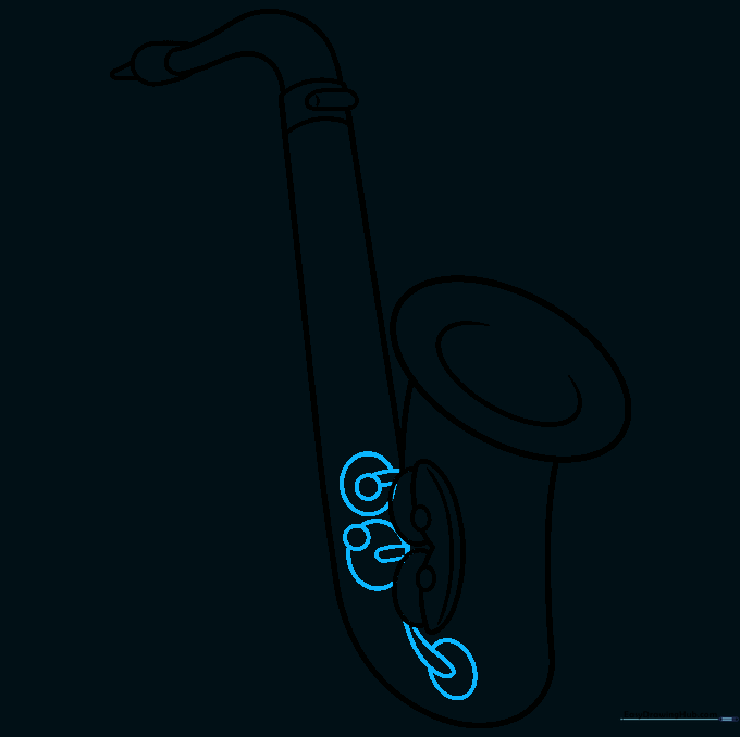 Drawing the first set of circular keys on the saxophone body.