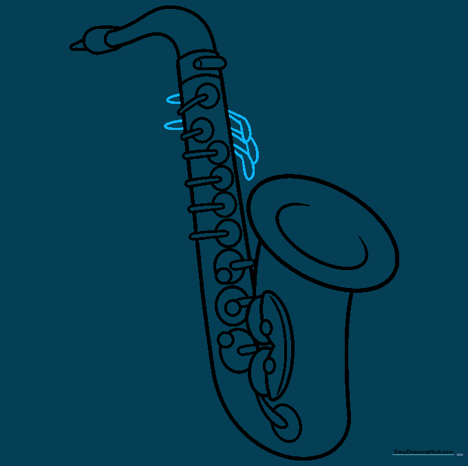 Detailing the upper levers and keys on the saxophone neck.