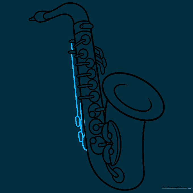 Finalizing the saxophone outline with parallel lines and key details.