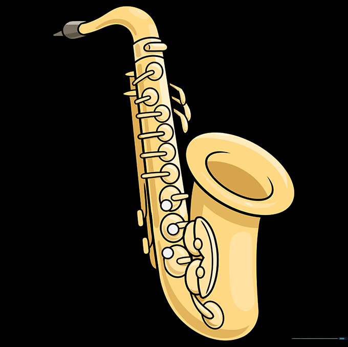 A fully colored, shiny gold saxophone drawing.