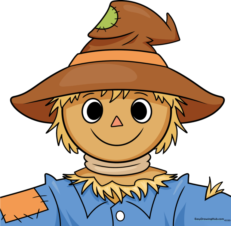 A friendly, colorful scarecrow face illustration.