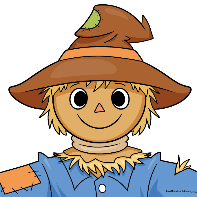 Finished, fully colored scarecrow face drawing.