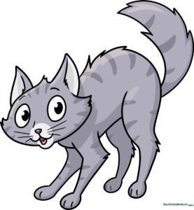 A cartoon scared cat with arched back and wide eyes, featured in a step-by-step drawing tutorial.