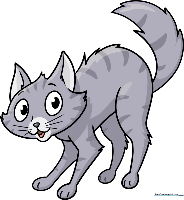 A cartoon scared cat with arched back and wide eyes, featured in a step-by-step drawing tutorial.