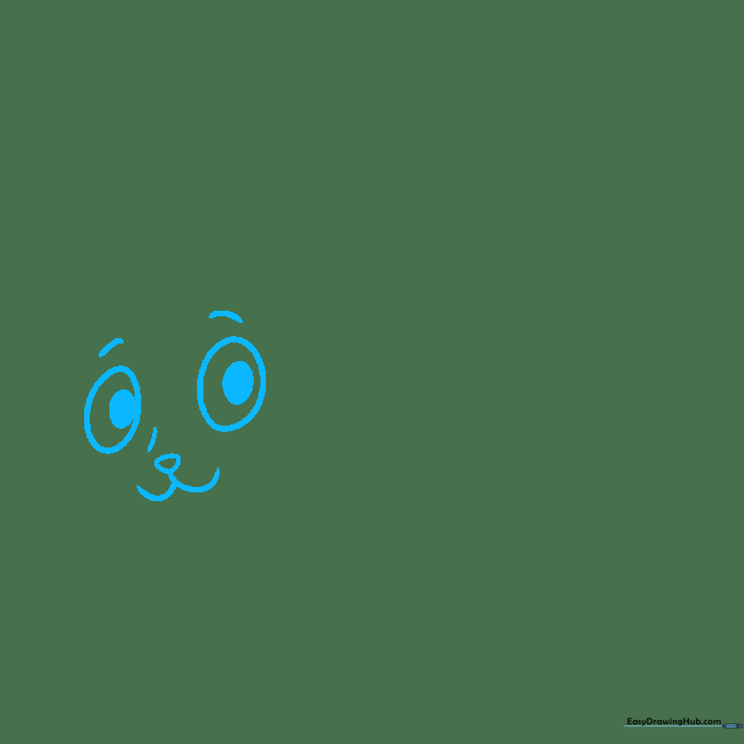 Close-up of two large, wide-set cat eyes being drawn with pupils and a small triangular nose.