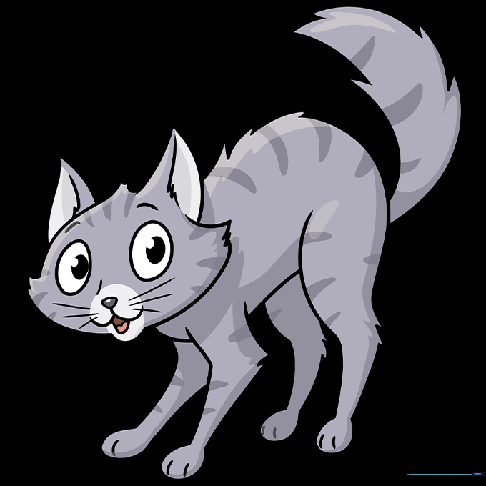 The finished, colored drawing of a scared cat with gray fur and wide, expressive eyes.