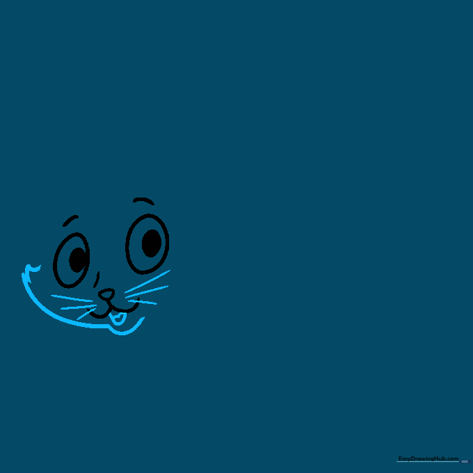Outline of a cat's face showing the chin, cheek curves, and long whisker lines extending from the muzzle.
