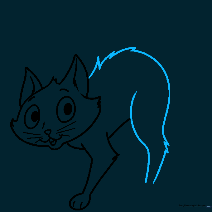 Sketching the cat's arched back using jagged, fur-like lines.