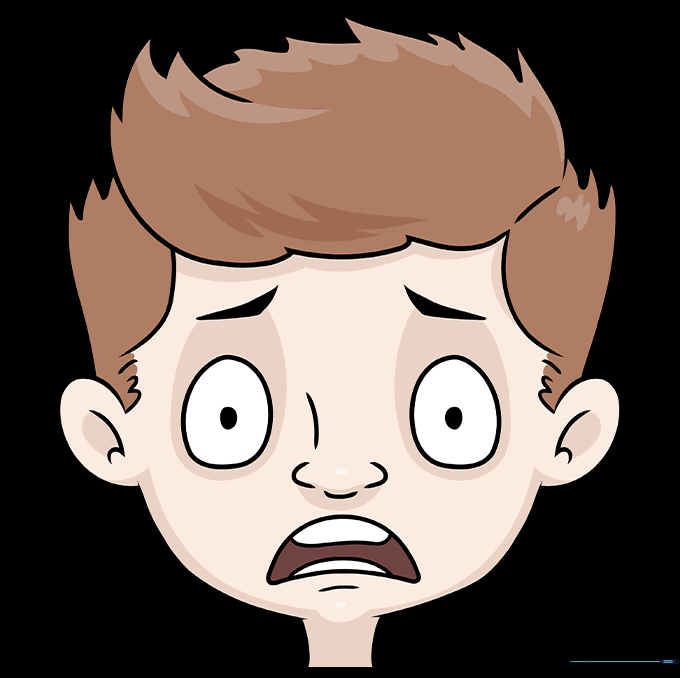 Final colored cartoon scared face with brown hair and expressive features.
