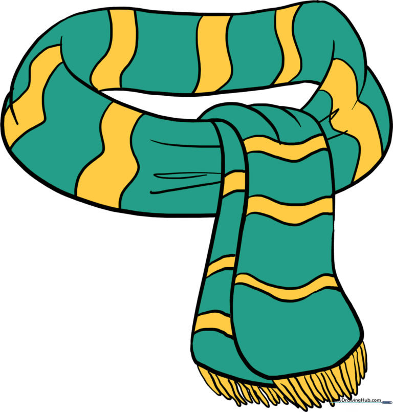 A vibrant, finished drawing of a cozy winter scarf with stripes and fringe.