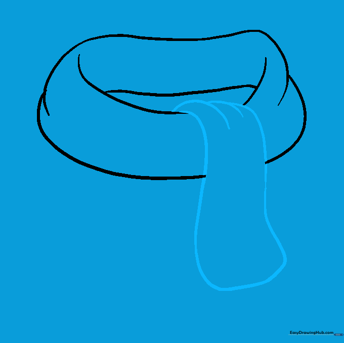 Drawing showing the first long end of the scarf hanging down.