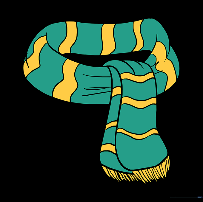 A finished, colorful drawing of a striped scarf with fringe.