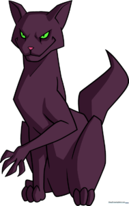 A vibrant, finished illustration of a scary black cat with glowing green eyes, perfect for Halloween art projects.