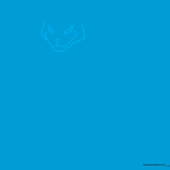 Close up of a cartoon cat face showing expressive, furrowed brows and sharp, triangular eye corners.