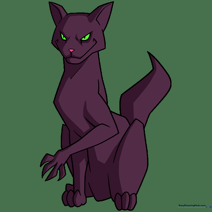 The finished scary cat drawing colored with black fur and glowing green eyes.