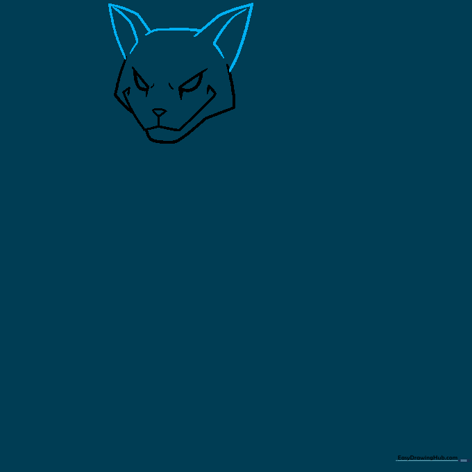 Drawing the top of the cat's head and pointed ears using overlapping curved lines.