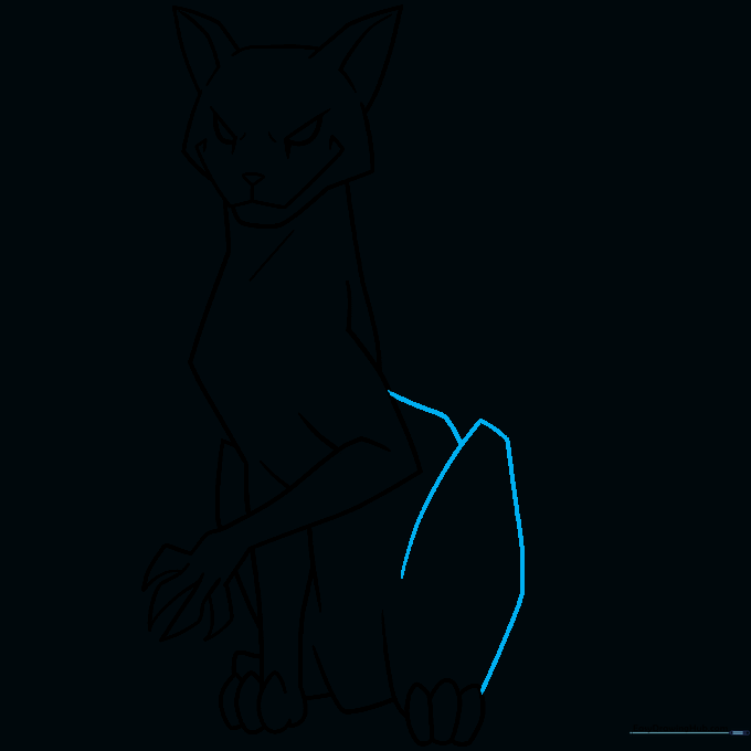 Adding a long, pointed tail to the cat's body to finish the outline.