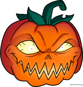 A vibrant, finished drawing of a scary pumpkin with glowing features and green leaves.