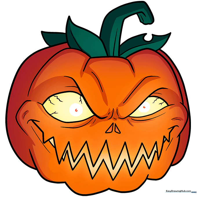 A fully colored, scary jack-o'-lantern with glowing yellow eyes and mouth.