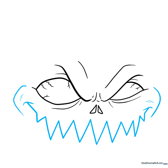 Drawing a wide, jagged mouth with triangular teeth beneath the pumpkin's eyes.