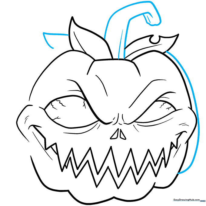 Drawing a detailed pumpkin stem with vertical texture lines.
