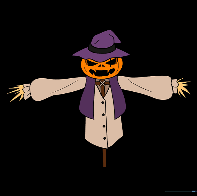 Final colored illustration of a spooky scarecrow with a pumpkin head.