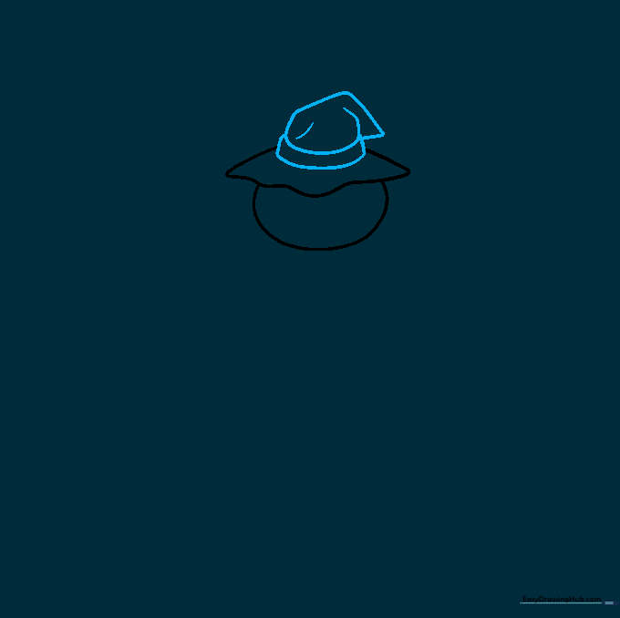 Drawing the tall, pointed crown of a floppy scarecrow hat.