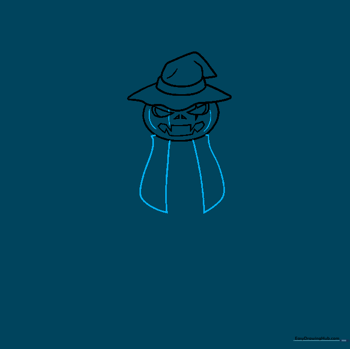 Adding vertical curved lines to the pumpkin head and starting the vest outline.