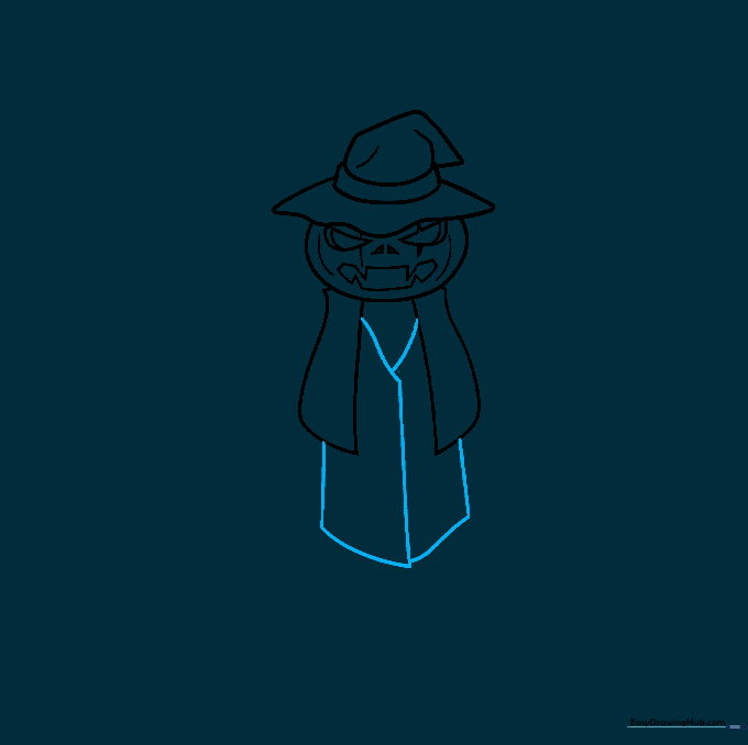 Drawing the torso and clothing folds of the scarecrow.