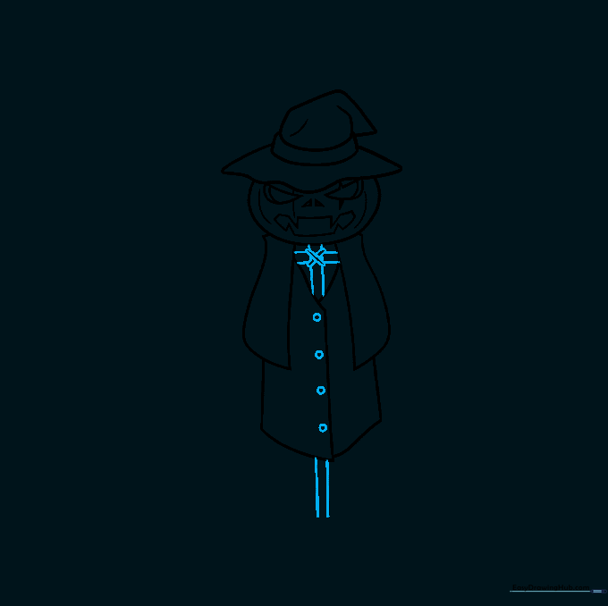 Adding the wooden cross structure and buttons to the scarecrow's clothing.