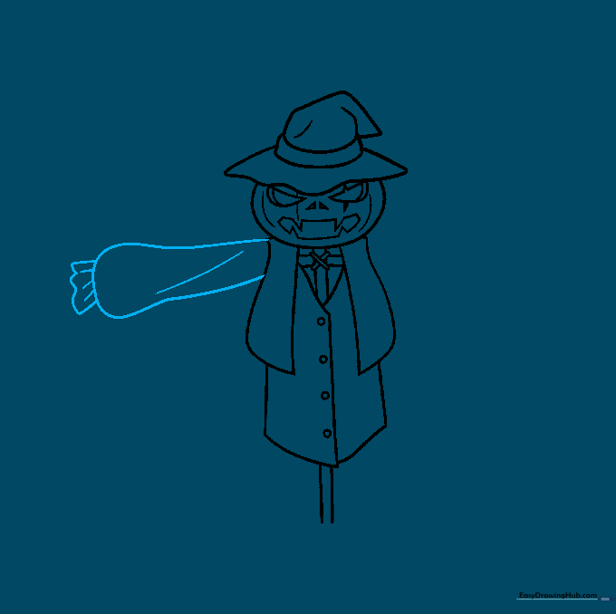 Sketching the first arm and sleeve of the scarecrow.