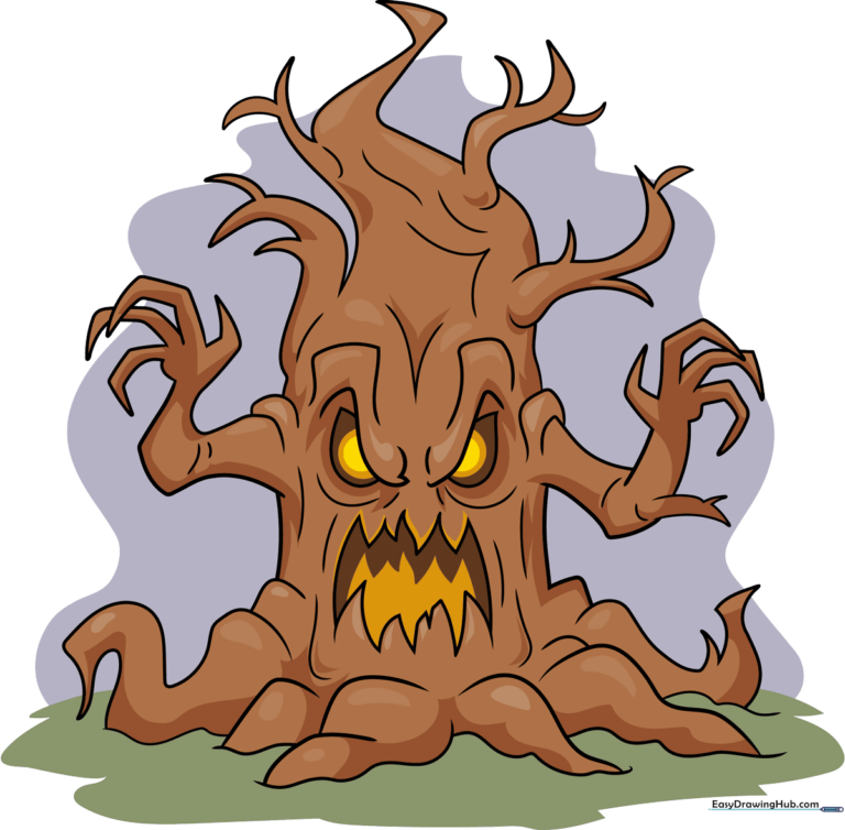A finished, colorful, and spooky cartoon tree with glowing eyes and a jagged mouth.