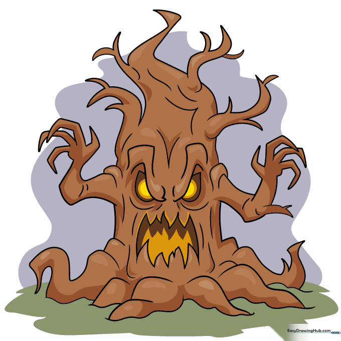 Finished scary tree drawing colored with brown bark and glowing yellow eyes.