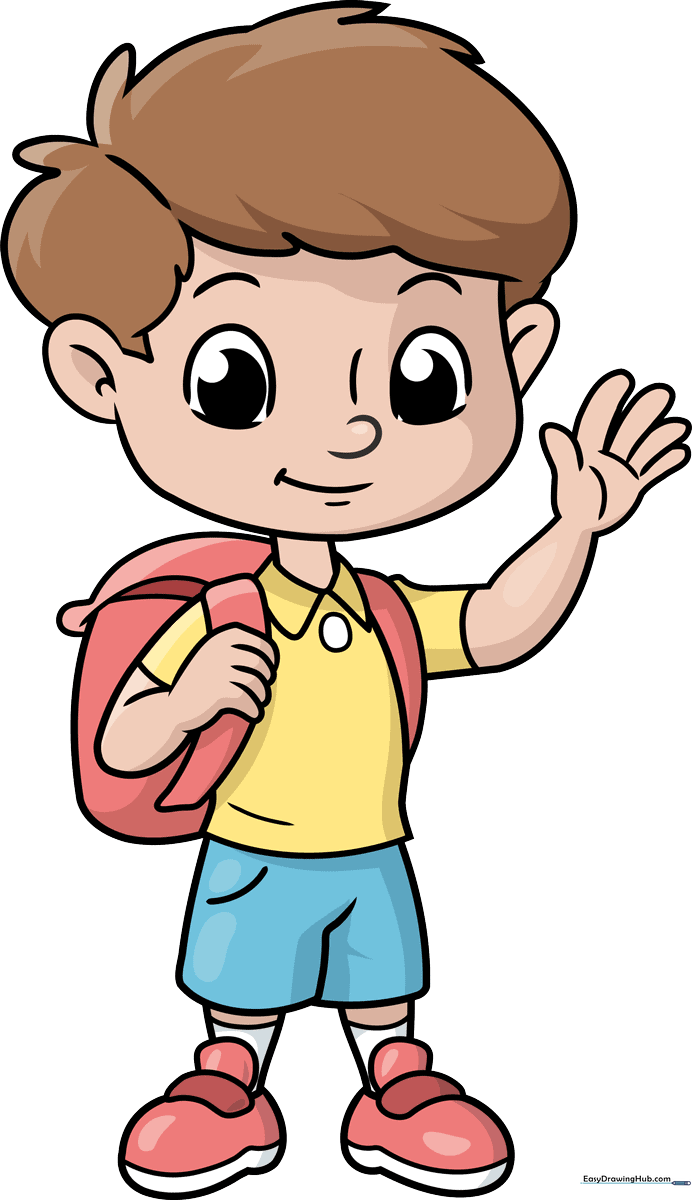 Colorful illustration of a happy school boy with a backpack, ready for a drawing tutorial.