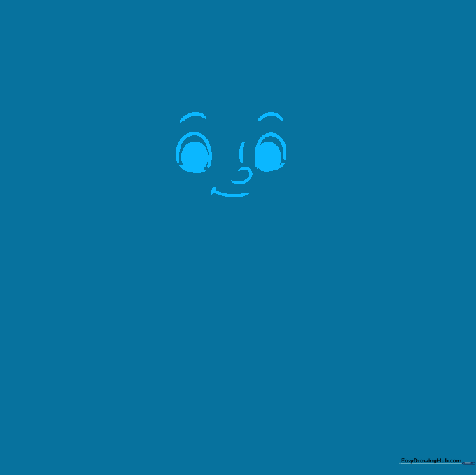 Pencil sketch showing the facial features of a cartoon boy, including eyes, eyebrows, and a smiling mouth.