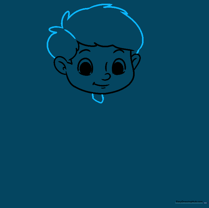 Adding detail to the boy's hair and drawing the neck and collar area.