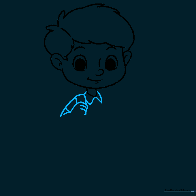 Drawing the shirt collar, shoulder, and the first strap of the backpack.