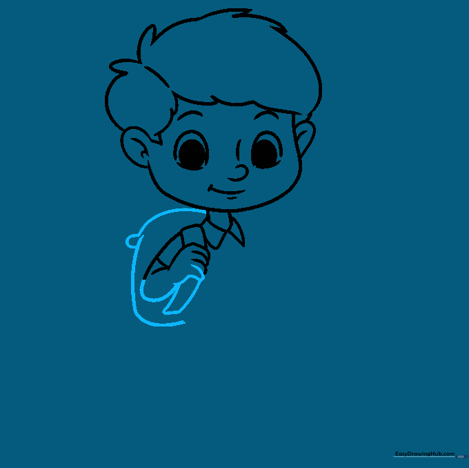 Outlining the backpack and the boy's arm and hand.