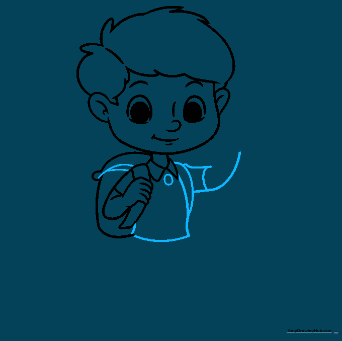Adding details to the boy's shirt, including a button and the second backpack strap.