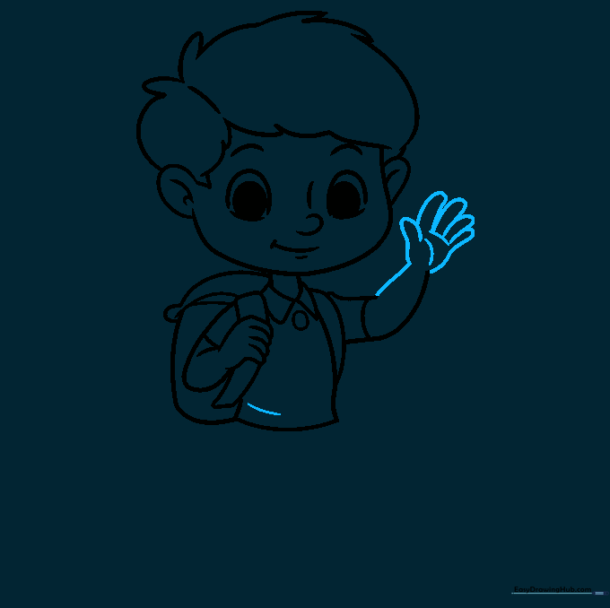 Drawing the boy's waving hand and adding texture to his shirt.
