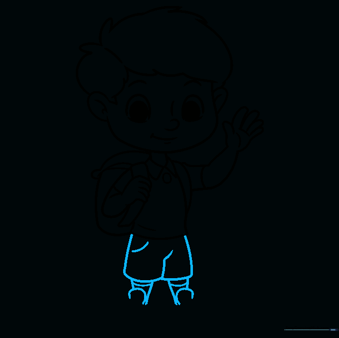 Drawing the boy's legs, pants pocket, and the tops of his socks and shoes.