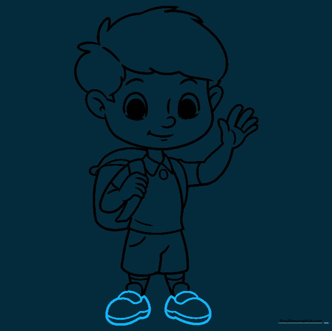 Finalizing the drawing of the boy's shoes with velcro straps and soles.