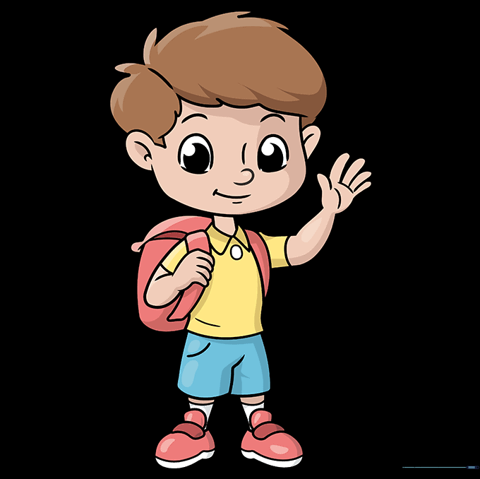 A fully colored, friendly cartoon school boy character.